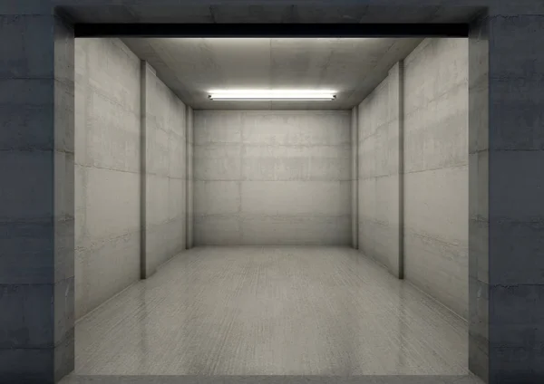 夜時間の レンダリングでコンクリートから作られて空シングル ガレージの内部の一見 — ストック写真
