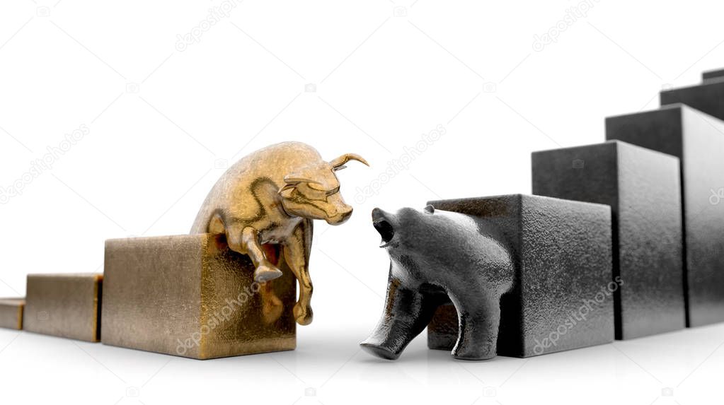Bull and bear figurines trailing upward and downward trending graphs respectively converging on an isolated background - 3D render
