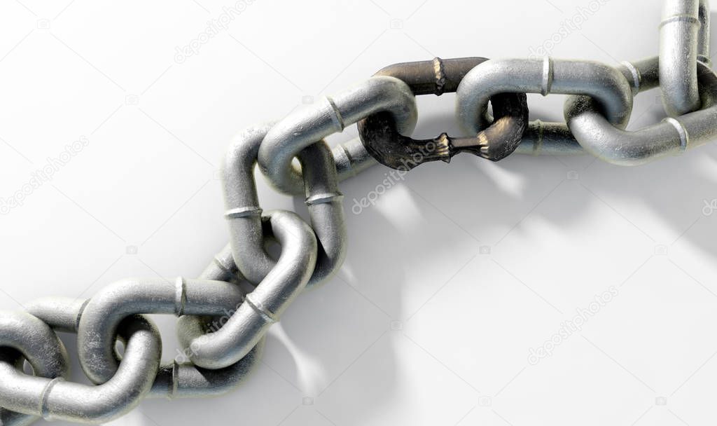 A heave meatl chain with a very rusted and corroded link joing the two halves together - 3D rende