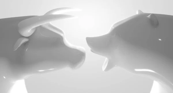 Két Fényes Fehér Porcelán Szobrok Ábrázoló Stilizált Bika Medve Drámai — Stock Fotó