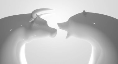 İki parlak beyaz Porselen heykelcikler stilize boğa kabartmaları ve dramatik ışık beyaz stüdyo arka plan - 3d render finansal piyasa eğilimleri temsil eden ayı