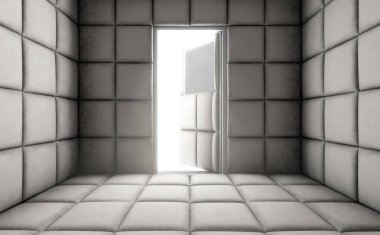 Bir akıl hastanesi - 3d render açık bir kapı ile boş bir beyaz takviyeli hücreye