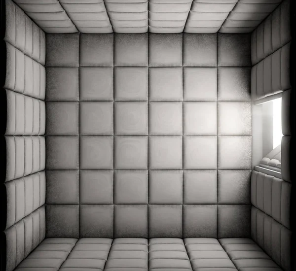 Bir akıl hastanesi - 3d render açık bir kapı ile boş bir beyaz takviyeli hücreye