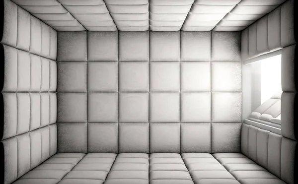 An empty white padded cell with an open door in a mental hospital - 3D render