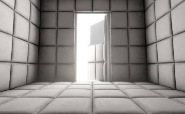 Bir akıl hastanesi - 3d render açık bir kapı ile boş bir beyaz takviyeli hücreye