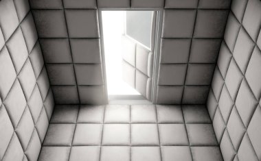 Bir akıl hastanesi - 3d render açık bir kapı ile boş bir beyaz takviyeli hücreye