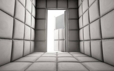 Bir akıl hastanesi - 3d render açık bir kapı ile boş bir beyaz takviyeli hücreye