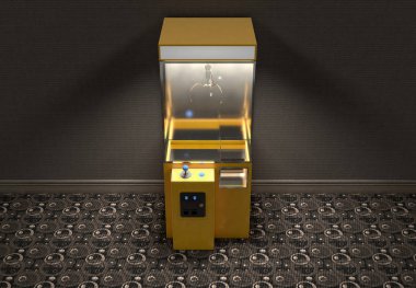 Bir loş ışıklı vintage odası - 3d render bir sarı boş arcade türü pençe kapmak oyunu