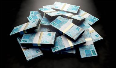 Brezilya gerçek banknotların bir izole arka plan - 3d render üzerinde rastgele dağınık demetleri yığını