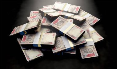 Hint Rupisi Lirası bir izole arka plan - 3d render üstünde rasgele dağınık demetleri yığını