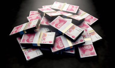 Çin yuan Lirası bir izole arka plan - 3d render üstünde rasgele dağınık demetleri yığını