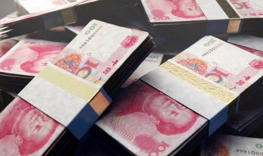 Çin yuan Lirası bir izole arka plan - 3d render üstünde rasgele dağınık demetleri yığını