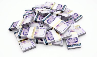 Rastgele dağınık Lirası üstünde bir izole arka plan - 3d render demetleri yığını