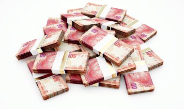 Rastgele dağınık Lirası üstünde bir izole arka plan - 3d render demetleri yığını