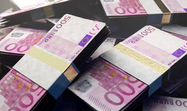 Una Pila Paquetes Aleatoriamente Dispersos Billetes Euros Europeos Sobre Fondo — Foto de Stock