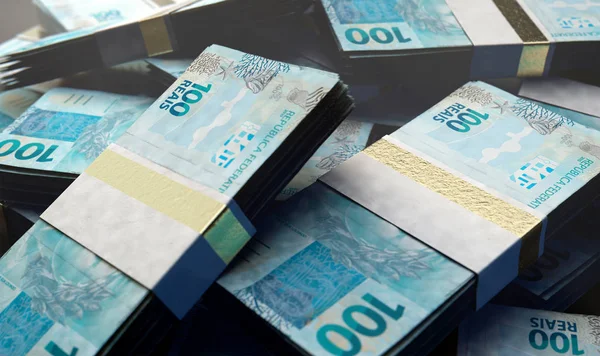 Mucchio Fasci Casualmente Sparsi Banconote Reali Brasiliane Uno Sfondo Isolato — Foto Stock