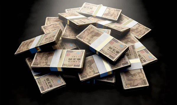 Pile Randomly Scattered Bundles Japanese Yen Banknotes Isolated Background Render — Stock Photo, Image