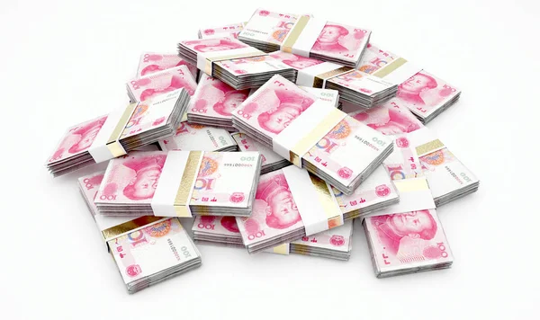 Una Pila Paquetes Billetes Dispersos Aleatoriamente Sobre Fondo Aislado Render — Foto de Stock