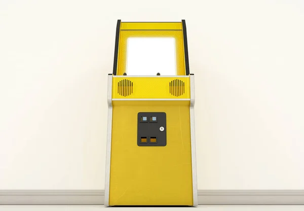Винтажный Желтый Небрендовый Игровой Автомат Чистым Экраном Фоне Винтажной Комнаты — стоковое фото