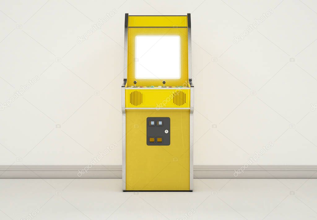 A vintage yellow unbranded arcade machine with a blank screen on a vintage room background - 3D render