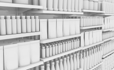 An unsaturated view of a few sections of a supermarket shelf packed with generic consumable products - 3D render clipart