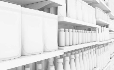 An unsaturated view of a few sections of a supermarket shelf packed with generic consumable products - 3D render clipart