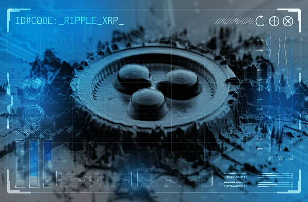 Extruded metal particles that build up to form a physical ripple cryptocurrency symbol overlaid with a technical data analysis interface - 3D render