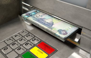 Bir atm cephe ışıklı bir sceen ve tuş takımı ile bir closeup görünümünü ve dubai Dirhemi banknot para yuvası - 3d içine kapanık olma bir tomar render