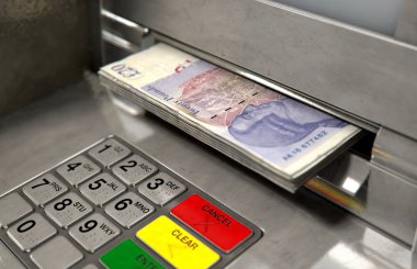Bir atm cephe ışıklı bir sceen ve tuş takımı ile bir closeup görünümünü ve İngiliz Lirası banknot para yuvası - 3d içine kapanık olma bir tomar render