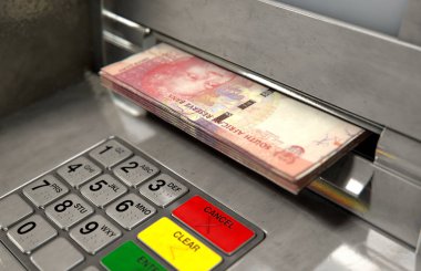 Bir atm cephe ışıklı bir sceen ve tuş takımı ile bir closeup görünümünü ve Güney Afrika rand banknot para yuvası - 3d içine kapanık olma bir tomar render