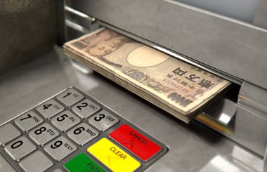 Bir atm cephe ışıklı bir sceen ve tuş takımı ile bir closeup görünümünü ve Japon yeni banknot para yuvası - 3d içine kapanık olma bir tomar render