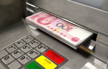 Bir atm cephe ışıklı bir sceen ve tuş takımı ile bir closeup görünümünü ve Çin yaun banknot para yuvası - 3d içine kapanık olma bir tomar render