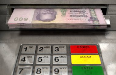Bir atm cephe ışıklı bir sceen ve tuş takımı ile bir closeup görünümünü ve Tayland bhat banknot para yuvası - 3d içine kapanık olma bir tomar render