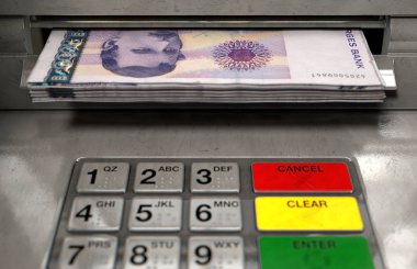 Bir atm cephe ışıklı bir sceen ve tuş takımı ile bir closeup görünümünü ve Norveç Kronu banknot para yuvası - 3d içine kapanık olma bir tomar render
