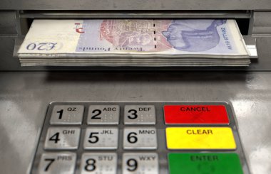 Bir atm cephe ışıklı bir sceen ve tuş takımı ile bir closeup görünümünü ve İngiliz Lirası banknot para yuvası - 3d içine kapanık olma bir tomar render