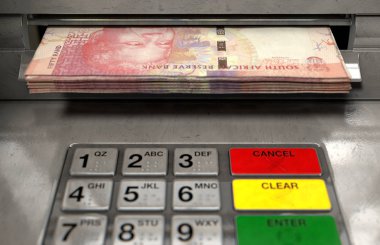 Bir atm cephe ışıklı bir sceen ve tuş takımı ile bir closeup görünümünü ve Güney Afrika rand banknot para yuvası - 3d içine kapanık olma bir tomar render