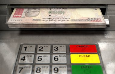 Bir atm cephe ışıklı bir sceen ve tuş takımı ile bir closeup görünümünü ve Hint Rupisi banknot para yuvası - 3d içine kapanık olma bir tomar render