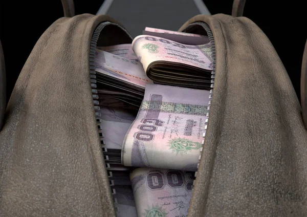 A smuggling concept depicting an open brown leather duffel bag revealing bundles of illicit rolled thailand bhat bank notes - 3D render