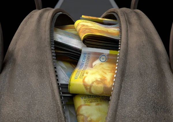 A smuggling concept depicting an open brown leather duffel bag revealing bundles of illicit rolled swiss franc bank notes - 3D render