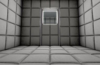 Boş bir akıl hastanesi - 3d render ve özel hücrede beyaz