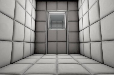 Boş bir akıl hastanesi - 3d render ve özel hücrede beyaz