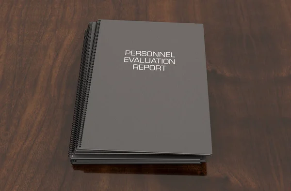 A pile of wire bound personnel evaluation documents in a pile on a boardroom table surface - 3D render