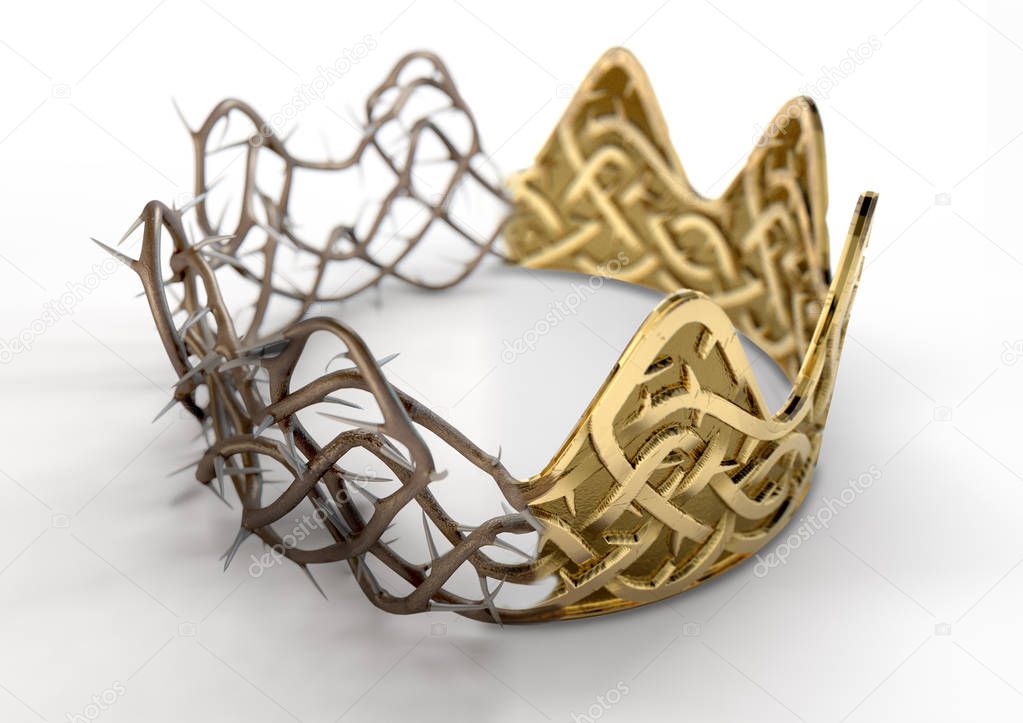 A religious crucifixion concept of a split between a golden crown and a woven thorn crown on an isolated black studio background - 3D render