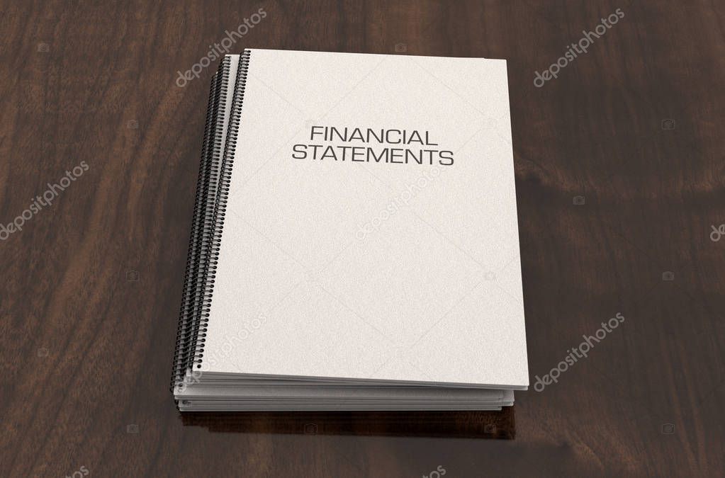 A pile of wire bound financial statement documents in a pile on a boardroom table surface - 3D render 