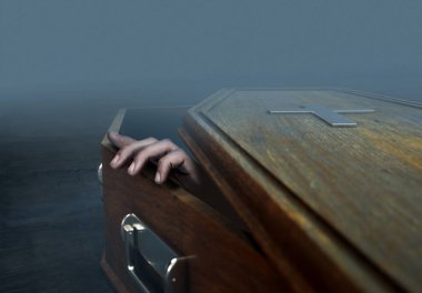 A slightly open empty wooden coffin with a hand reaching out on a dark ominous background - 3D Render clipart
