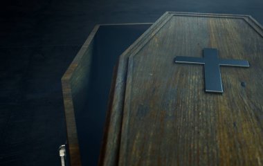 Biraz açık bir boş ahşap tabut metal haç ve bir kara uğursuz günü kolları ile arka plan - 3d Render