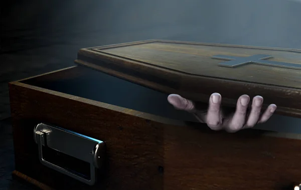 Slightly Open Empty Wooden Coffin Hand Reaching Out Dark Ominous — Stock Photo, Image