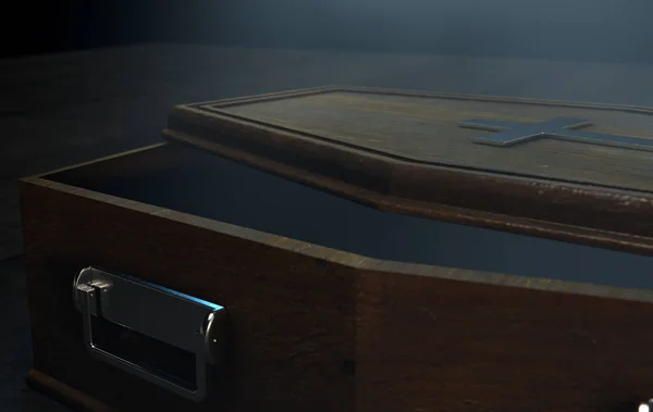 A slightly open empty wooden coffin with a metal crucifix and handles on a dark ominous background - 3D Render