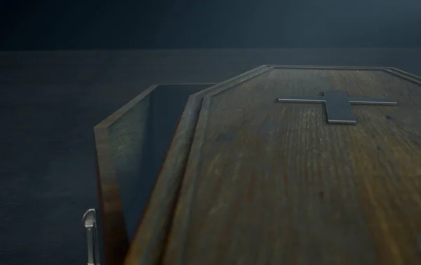 一个稍微开放的空木棺材与金属十字架和手柄在黑暗不祥的背景 — 图库照片
