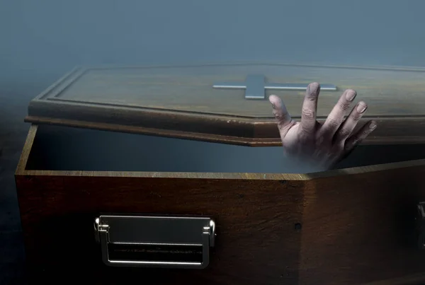 Slightly Open Empty Wooden Coffin Hand Reaching Out Dark Ominous — Stock Photo, Image